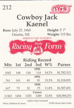 1993 Jockey Star #212 Cowboy Jack Kaenel Back